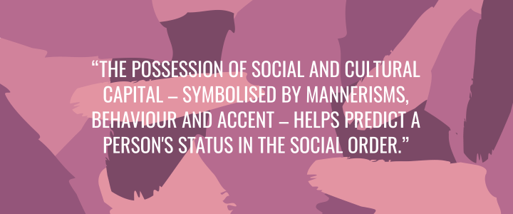 Text on pink and purple background that says "The possession of social and cultural capital - symbolised by mannerisms, behaviour and accent - helps predict a person's status in the social order."